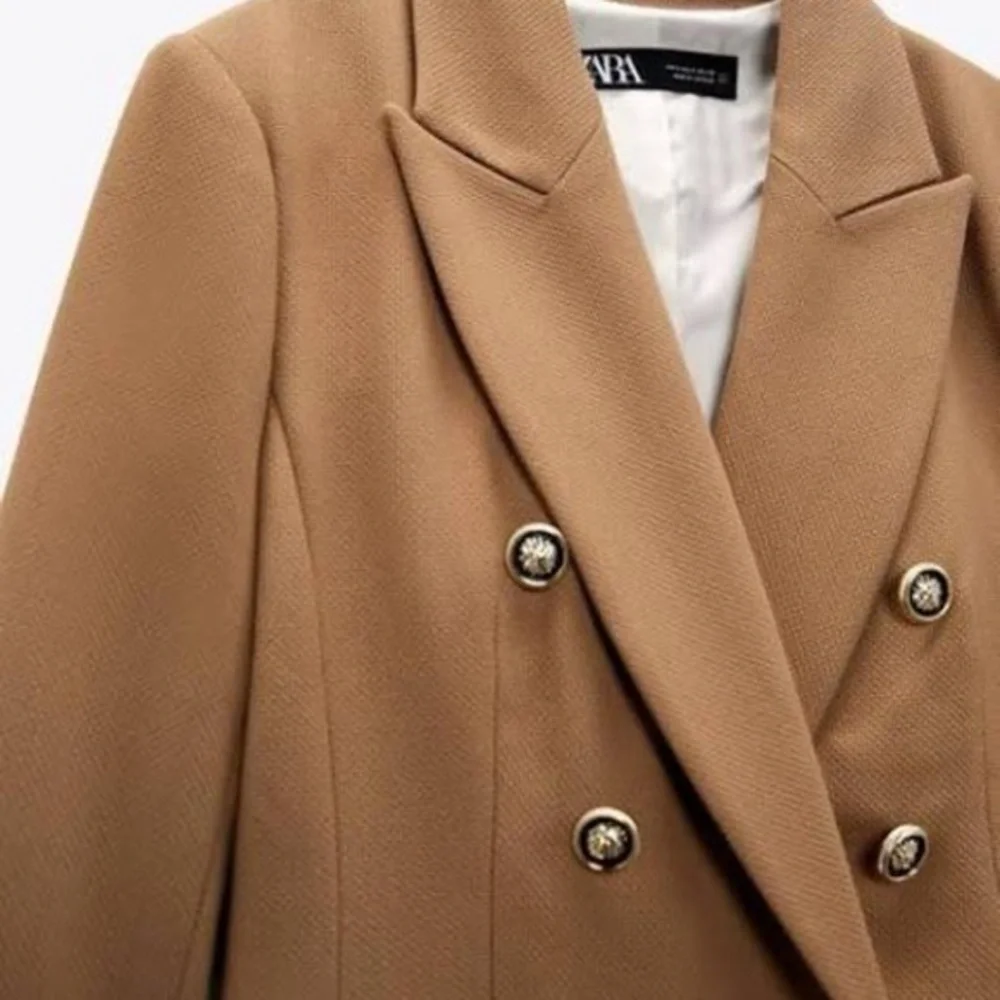 NEW WOMAN DOUBLE-BREASTED PIQUÉ BLAZER TAILORED JACKET CAMEL  XS